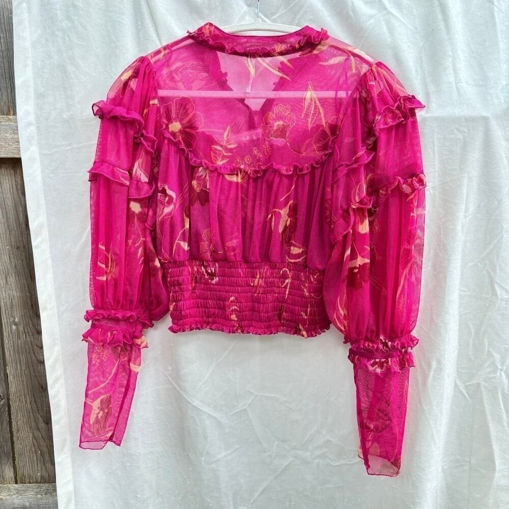 Free People‎ Magenta Floral Ruffle Trim Sheer Long Sleeve Blouse Top